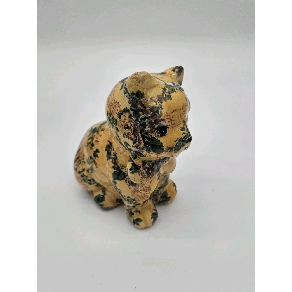 Vintage Floral Decoupage Cat Figurine Ceramic Glazed Calico-Inspired Decor 7"x6"
